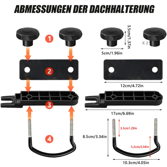 4 sentence roof box mounting U-bolts, universal car van mounting fitting kit, U-bolt clamps 85mm inner width installation accessory set with 8 locking nuts and 2 straps round adhesive stickers