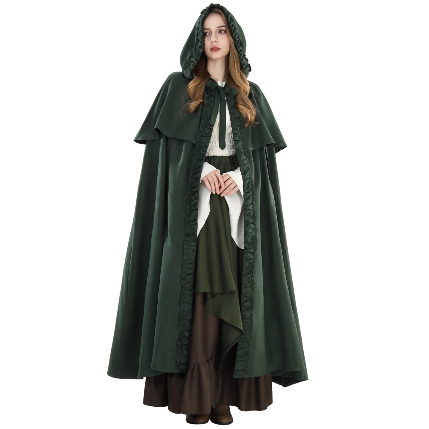Fiamll Medieval Cloak Women Hooded Coat with Cuff Solid Color Trenchcoat Renaissance Vampire Cloak Gothic Cosplay Cape Carnival Costume Green S