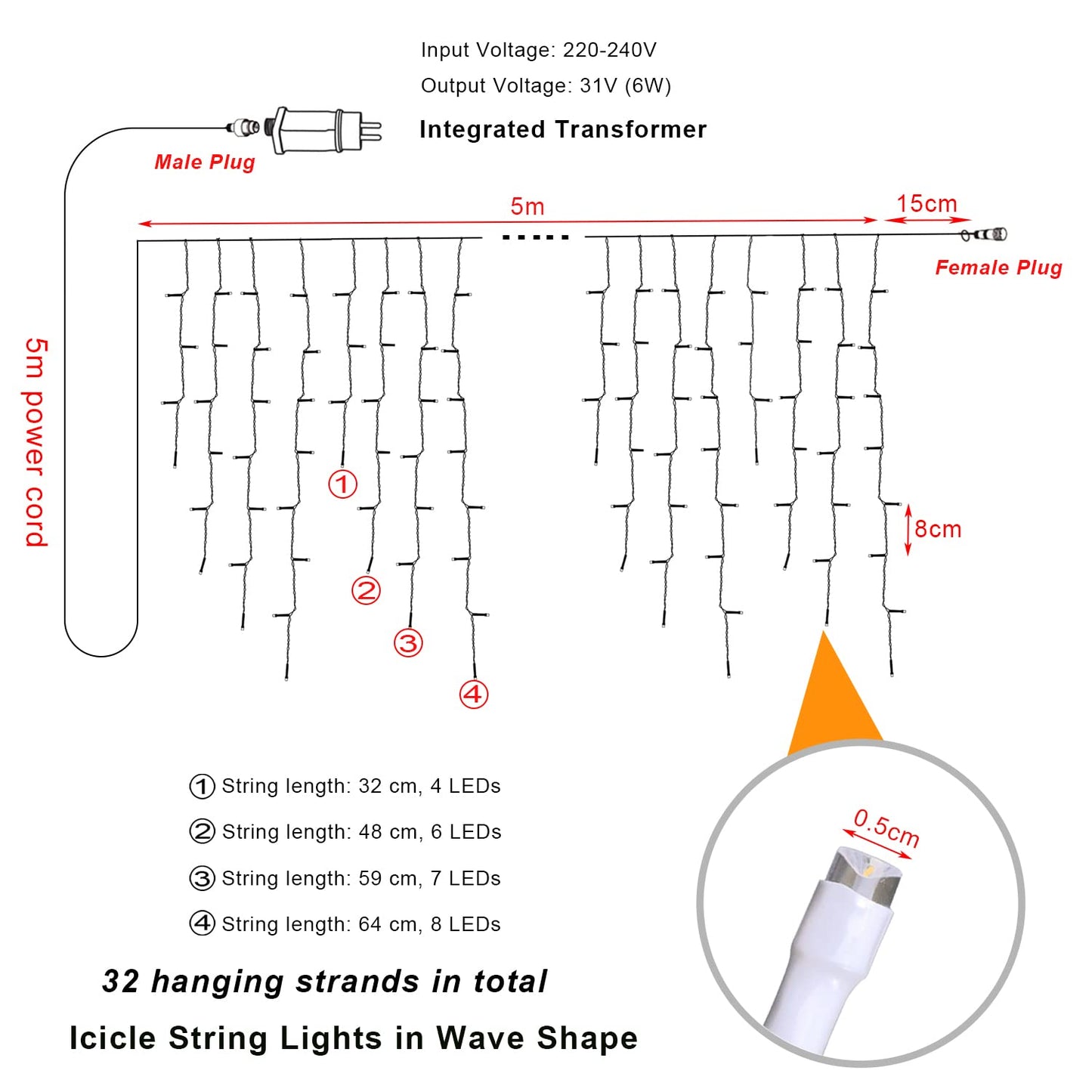 Icicle String Lights Outdoor 5m 200 LEDs Curtain Lights with Timer + 8 Modes + Memory Function + Battery Powered, Icicle String Lights Decoration for Christmas, Wedding, Halloween, Warm White.