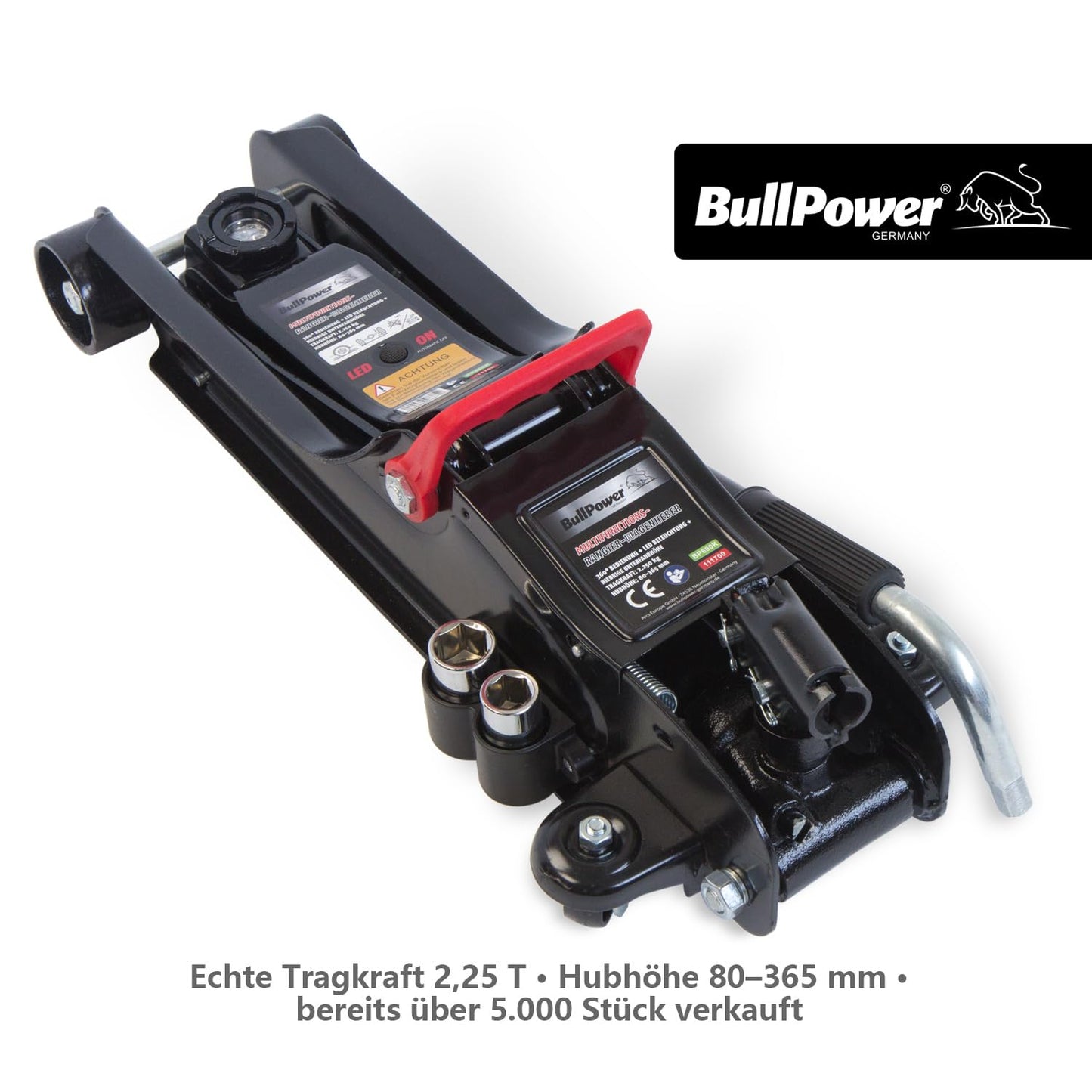 BullPower BP600K Jack - Hydraulic 2250kg Low Profile Trolley Jack for lowered vehicles with LED lighting and socket nuts.
