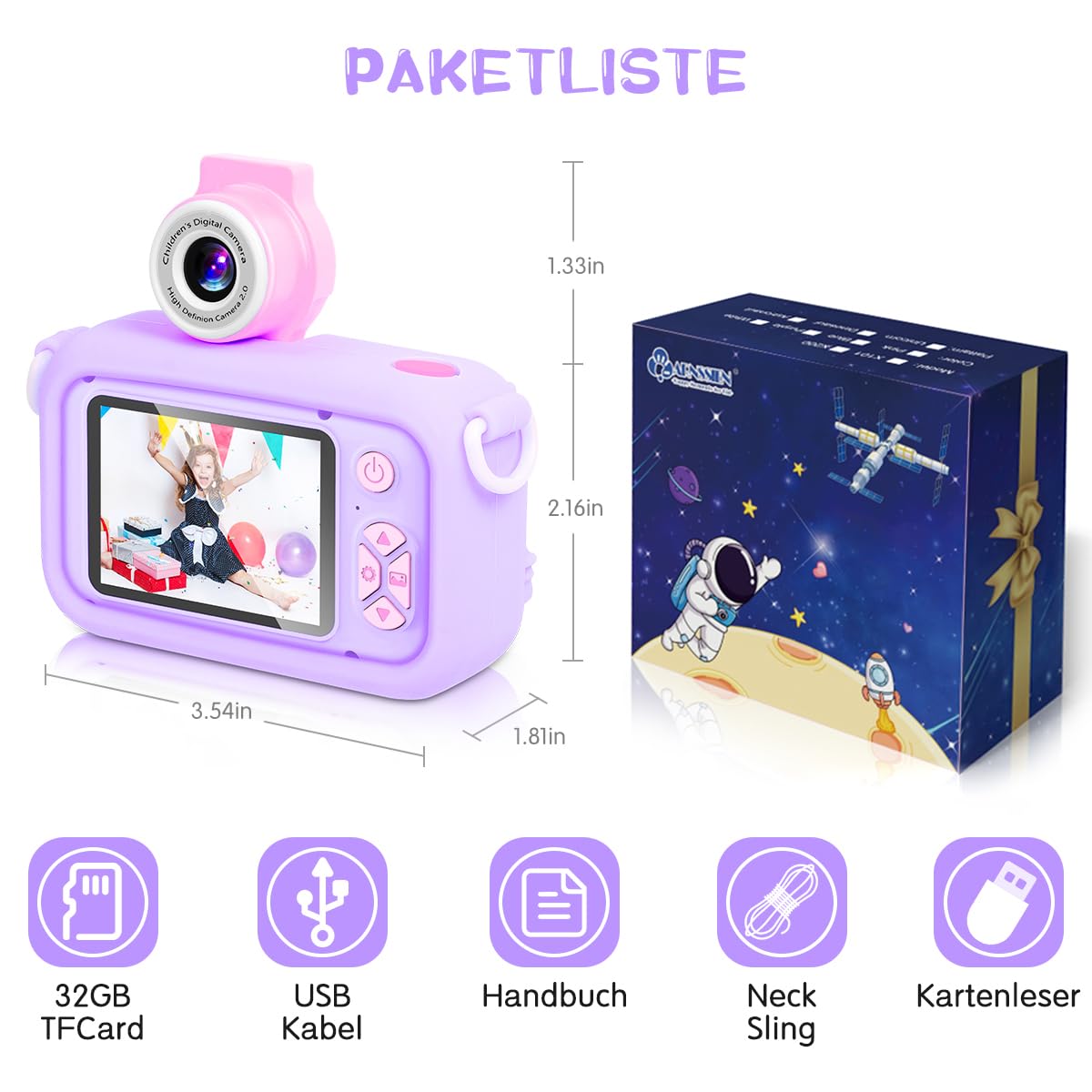 ARNSSIEN Kids Camera for 3 4 5 6 7 8 9 10 11 12 year old Girls/Boys, Kids Camera with 180° Flip Lens & 2.4in IPS Screen, Birthday Party Gift Toy for Girls/Boys, 32GB, X101
