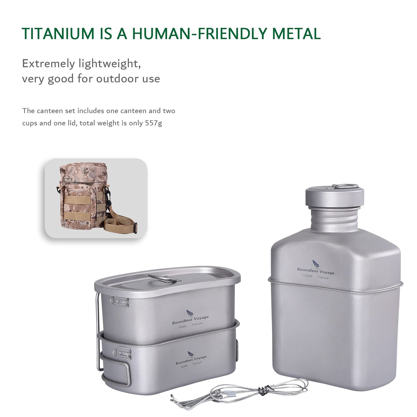 iBasingo Titan Field Bottle Set - Lightest Military Cookware 1100ml water bottle, 750ml & 400ml pot with lid, hanging steel wire & camouflage pouch. Cookware for outdoor camping hiking Ti2049C