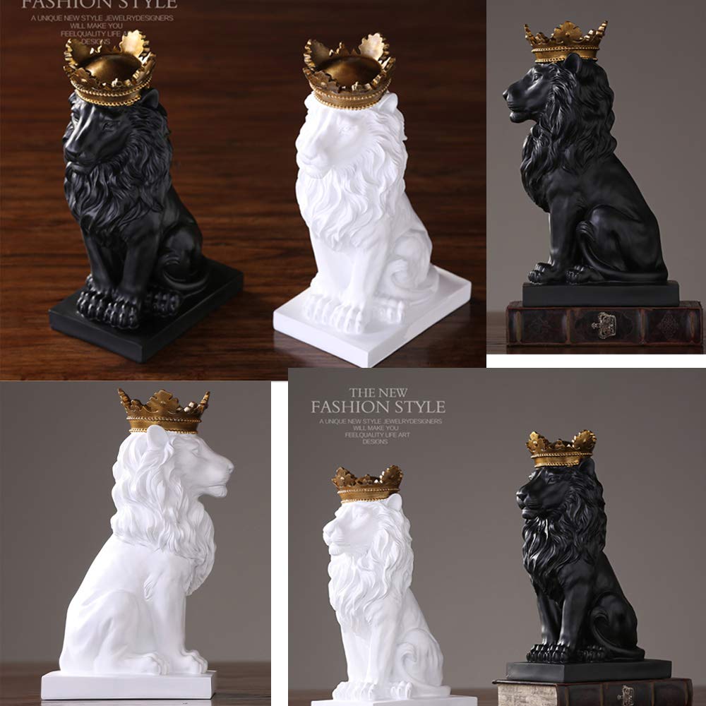 H&W Crown Lion Statue, Black sculptures, Resin Lion figures for men, Art statue ornaments for home office living room bookshelf table desk Housewarming Décor