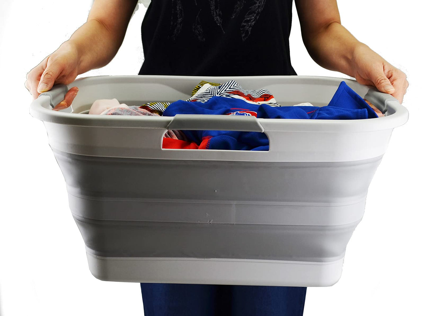 SAMMART 30L Plastic Folding Laundry Basket - Foldable Pop-Up Storage Container/Organizer - Portable Wash Tub - Space-saving Basket (1, Gray)
