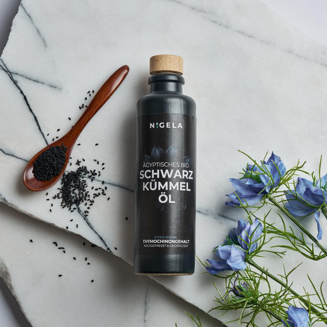 Nigela BIO black cumin oil unfiltered - Egyptian black cumin oil with high thymoquinone content - Made in Bavaria - Certified & laboratory tested Black Seed Oil - 200ml
