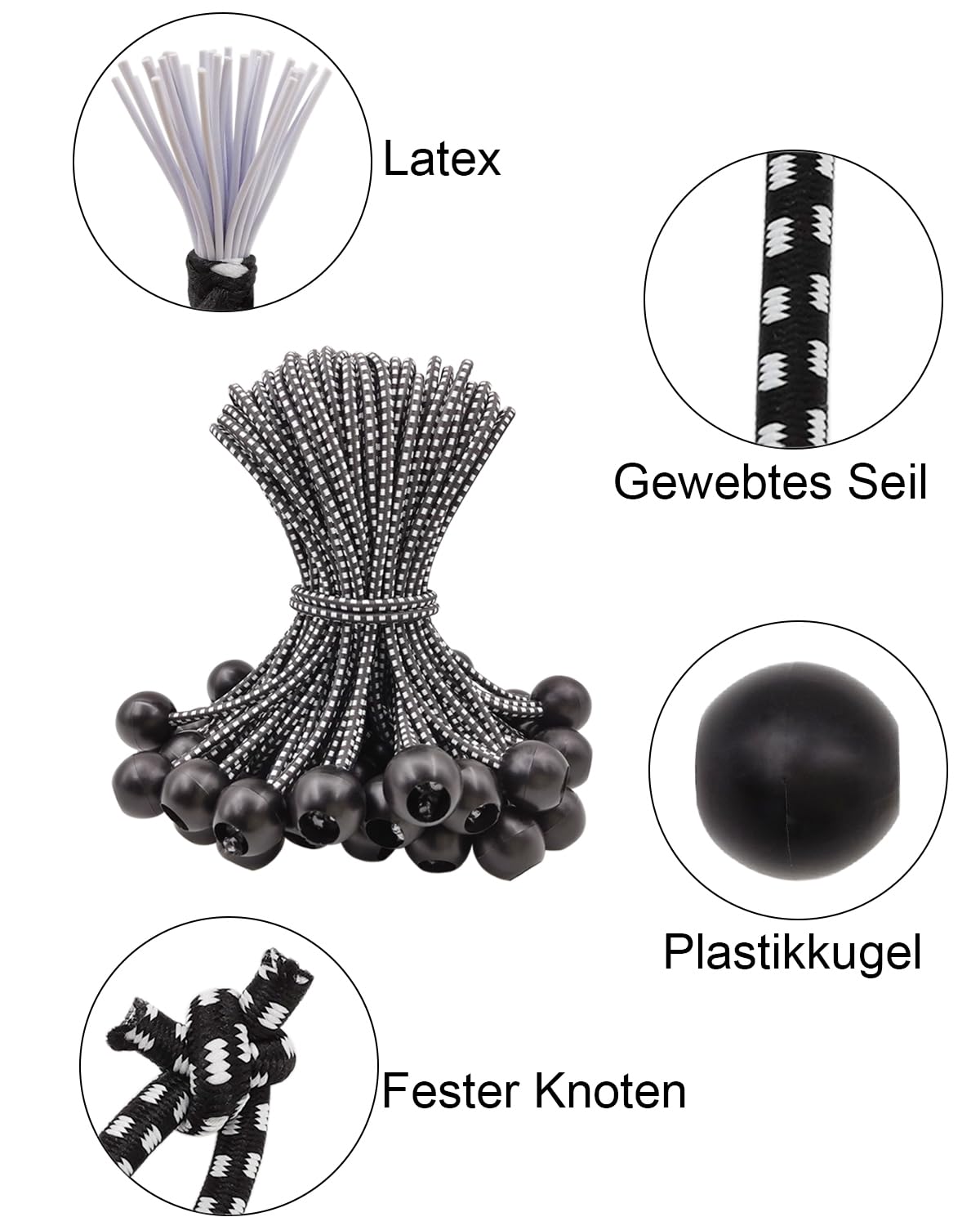 WMZOBH Elastic Ball Bungees 15cm, 100 pcs Tarp Ball Bungee Cords, Short Elastic Cords for Tarps, Tent Ball Bungees with Ball, Black Tarp Bungee Cords for Tents