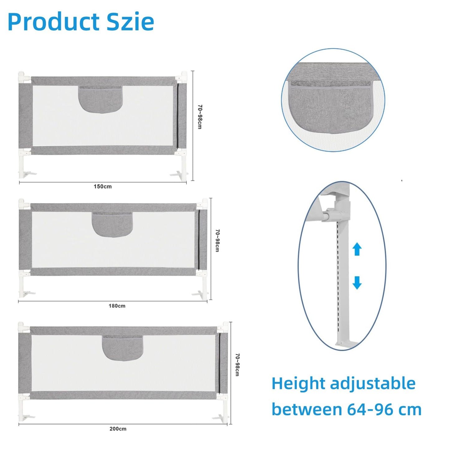 Jopassy 2-piece bed rail 1x200cm 1x180cm bed guard for children, baby bed guard sturdy construction, fall protection bed for children beds 2Mx1.8M Gray