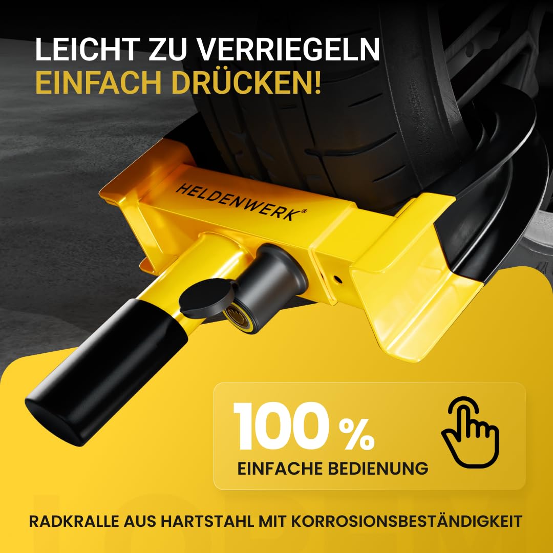 HERO WORK Parking Claw Wheel clamp with high-security lock & 3 keys - for trailers, motorhomes, caravans, cars - car wheel clamp, wheel clamp, wheel claw for 18-30cm tire width (Black/Yellow)