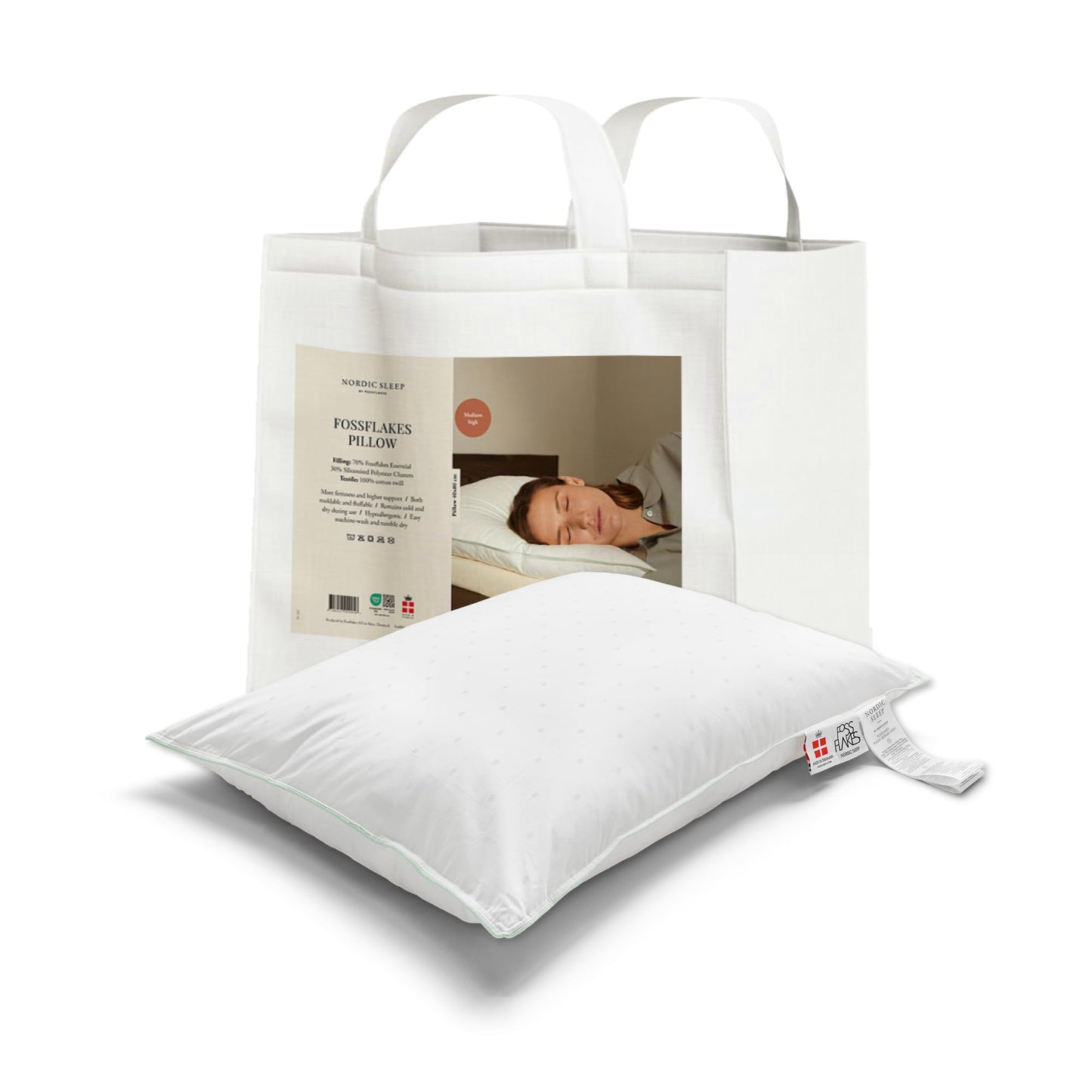 FOSSFLAKES Nordic Sleep Pillow Medium High - Comfort pillow for side sleepers, neck support pillow, and cuddle pillow (40 x 80 cm)
