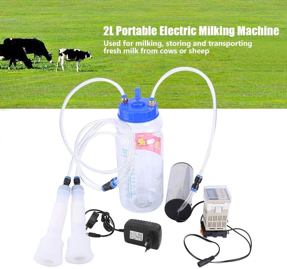 2L Milking Machine Electric Goat Milking Machine Strong Dual Motor Vacuum Pump Milking Machine with Cleaning Brush and Pulse Controller for Cow or Goat EU