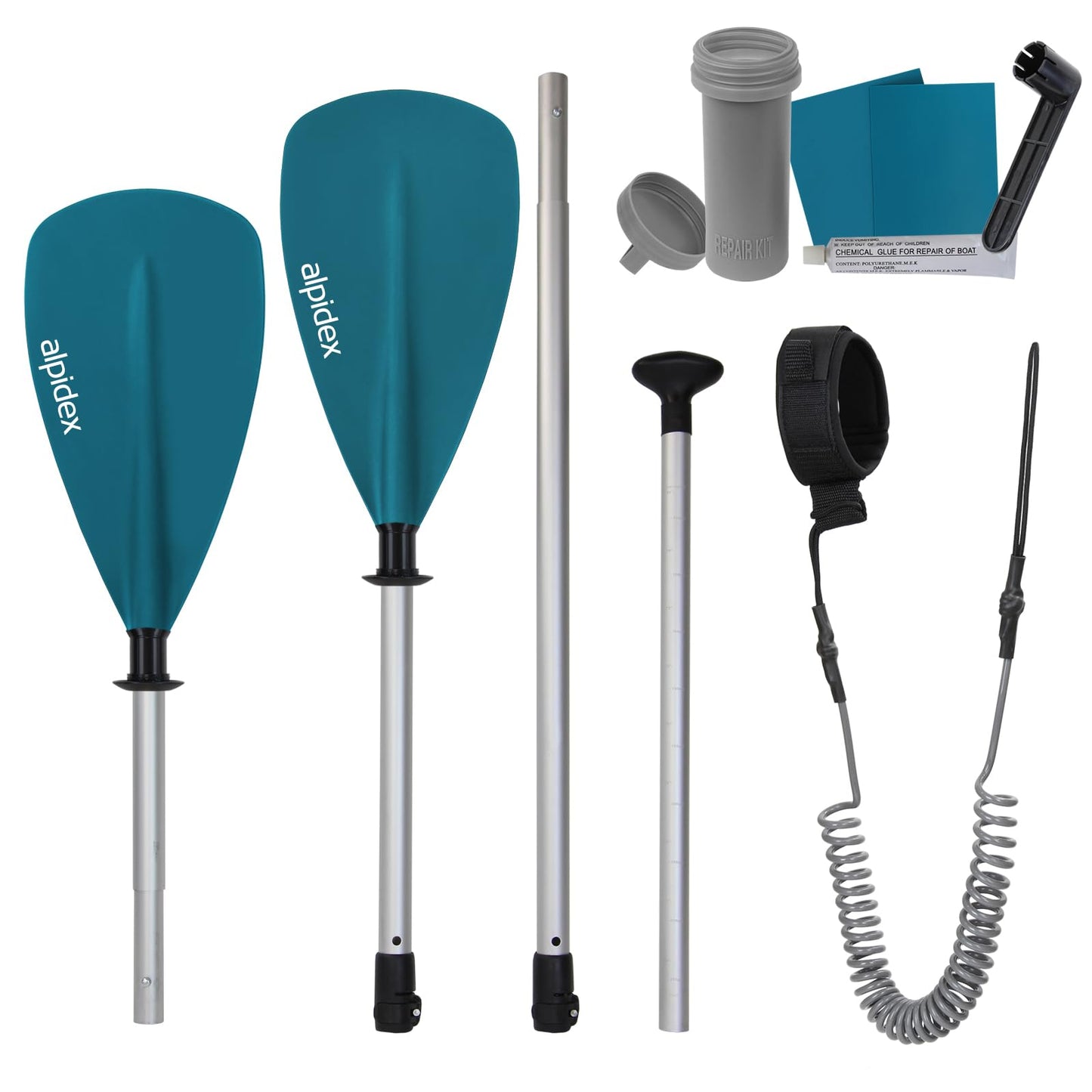 ALPIDEX Stand Up Paddle Set SUP 305 x 76 x 15 cm. Load capacity up to 150 kg. Inflatable, stable, light. Complete set includes carrying bag, paddle, fins, pump, leash, repair kit. Color: Petrol.