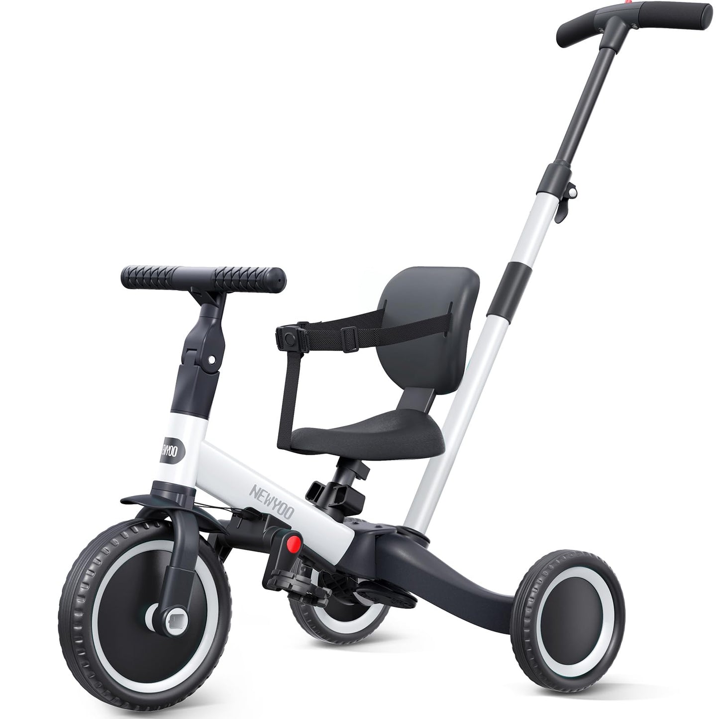 newyoo 5 in 1 balance bike tricycle, suitable for 1 year olds with push handle, for kids aged 1-3 years, bike for children up to 25kg including removable pedals and adjustable seat, white