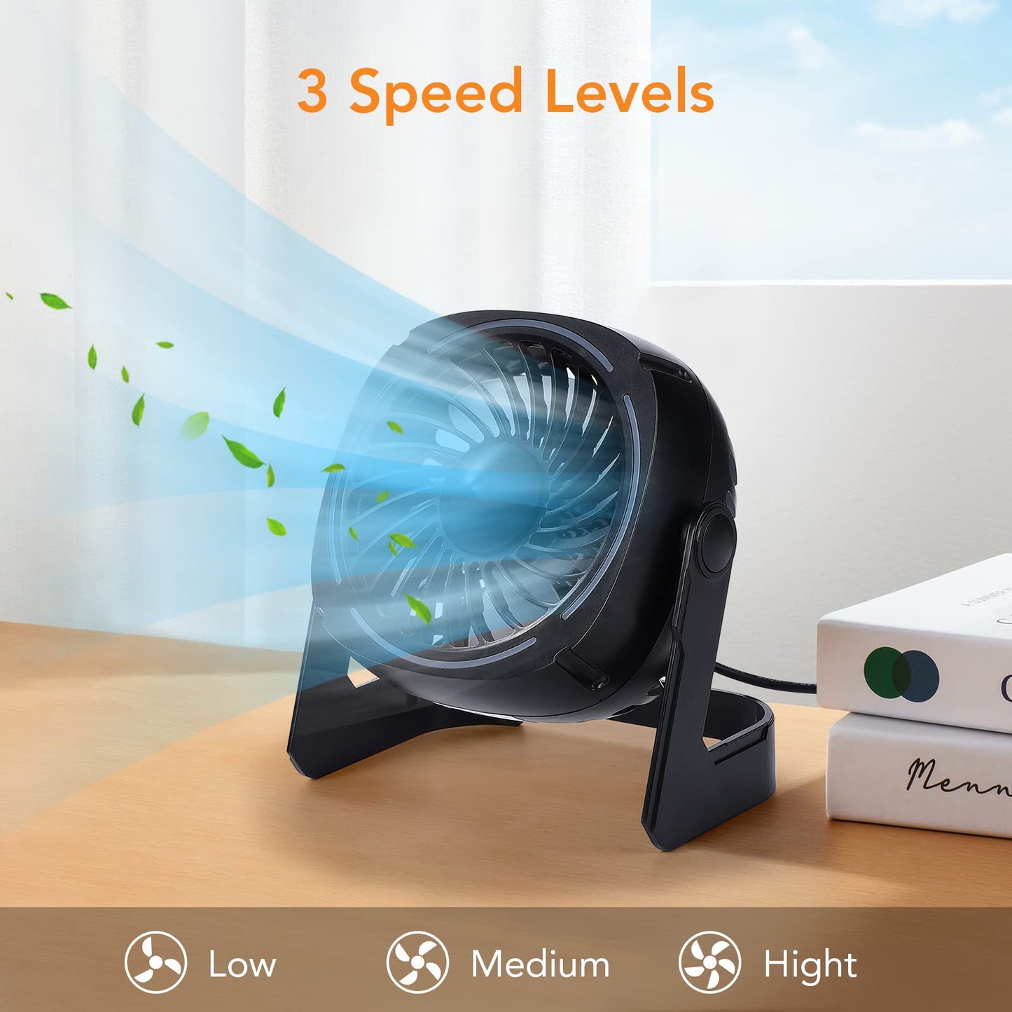 Litake USB Desk Fan RGB, Small Φ15cm Quiet Mini USB Fan with 8 light modes & 3 speeds 360° rotation 152cm cable Portable Desk Fan for rooms offices car travel