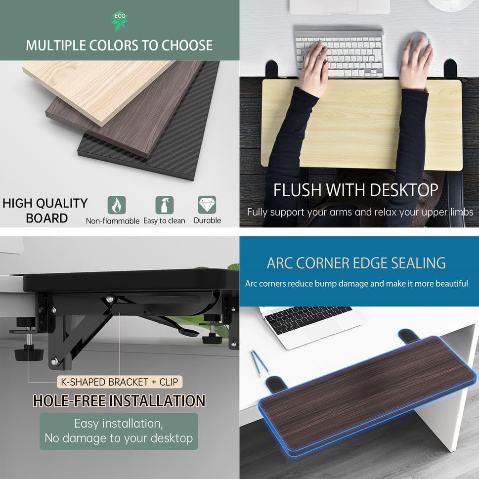 OUGIC Ergonomic Desk Extension, 75 x 24 cm, punch-free clamp, foldable keyboard drawer shelf, table mount, armrest, computer elbow arm support.