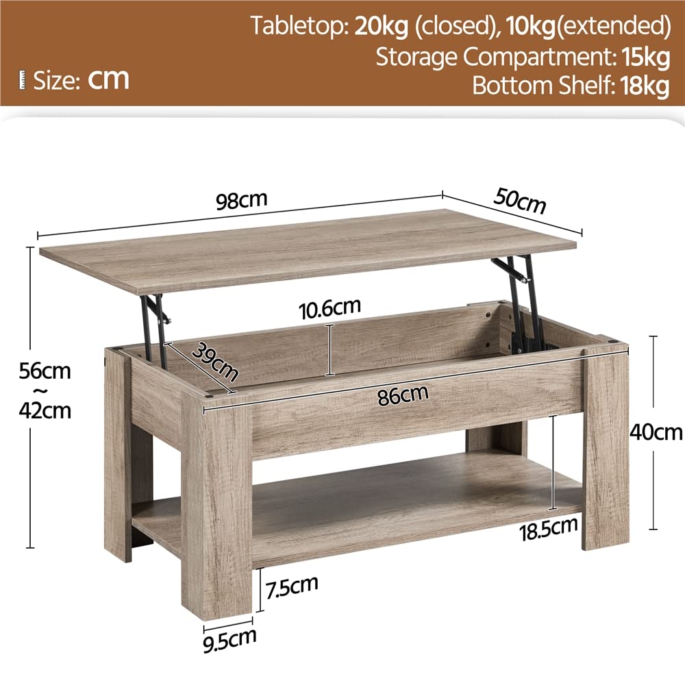 Yaheetech coffee table with adjustable height, living room table with storage shelf, wooden gray side table, end table.