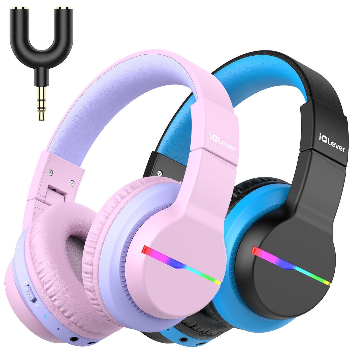 iClever Bluetooth Kids Headphones 2 pack, Colored LED Lights, Over-Ear Kids Headphones with 74/85dBA Volume Limiting, 85 Hours Playtime, Bluetooth 5.2, Built-in Microphone