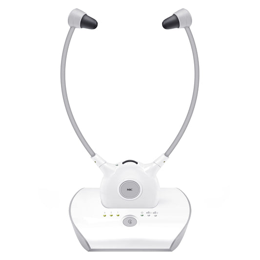 APH100 wireless TV headphones for seniors, 2.4 GHz, with 3.5mm AUX, RCA, includes 2 batteries and two sets of ear tips.