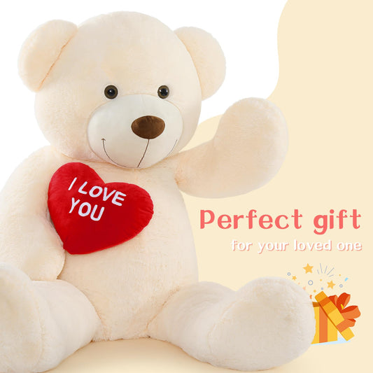 MorisMos 150cm giant Teddy bears with heart, beige large teddy bear XXL plush toy, cuddly plush bear XXXL, Valentine's Day birthday love gift partner wife mother children girlfriend
