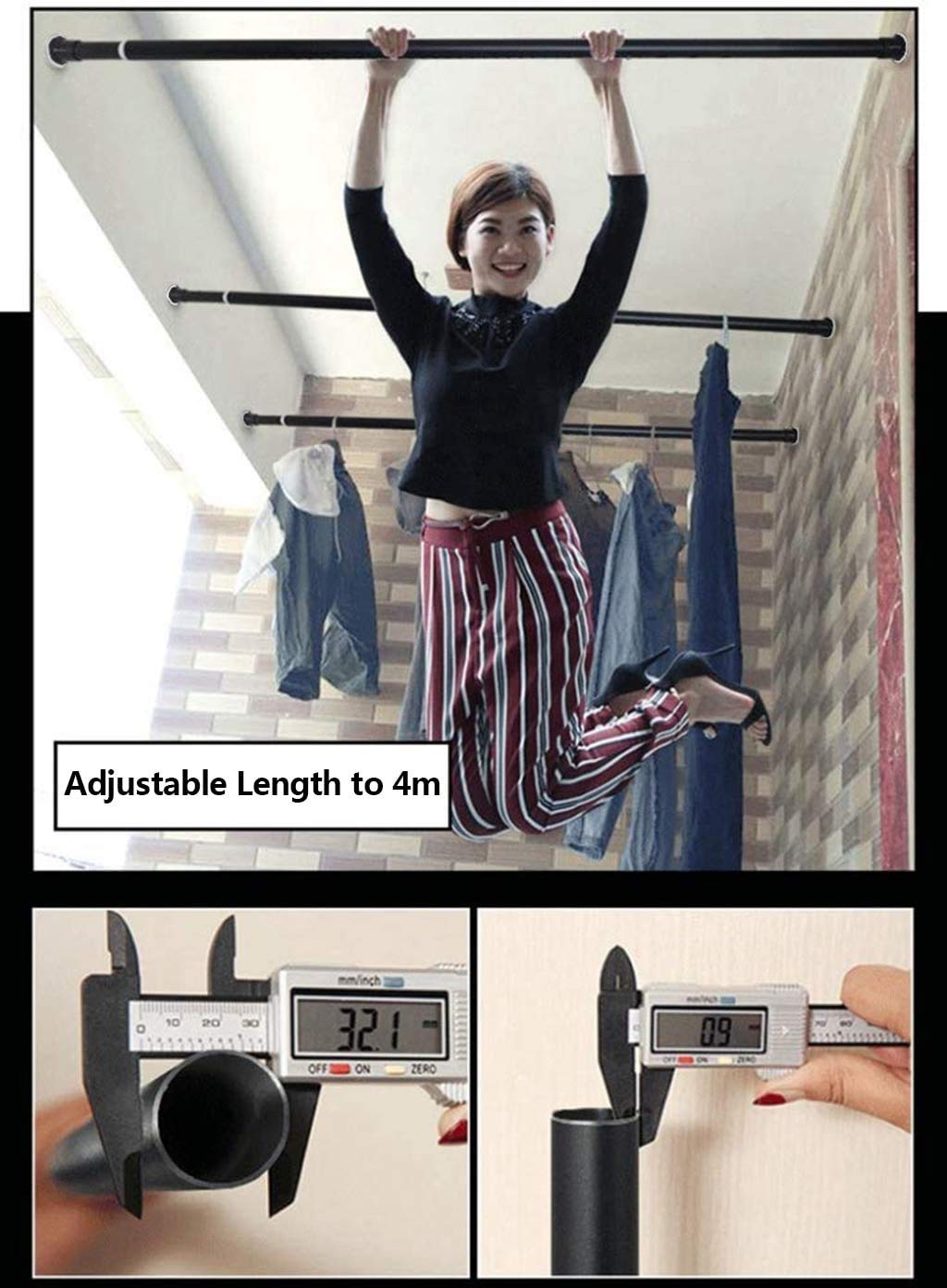 REHON 70-400cm No Drilling Required Extra Long Curtain Rod for Large Windows, Shower Rooms, Closets Black 2.6-3.1M