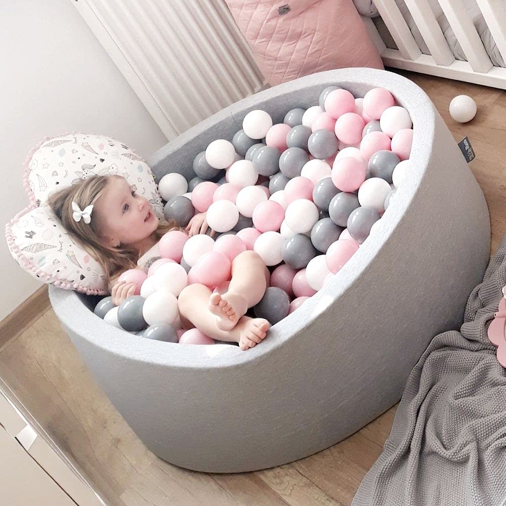 KiddyMoon ball pit 90x30cm/200 balls ⌀ 7cm ball pit with colorful balls for babies and kids round, light grey: white/grey/pink