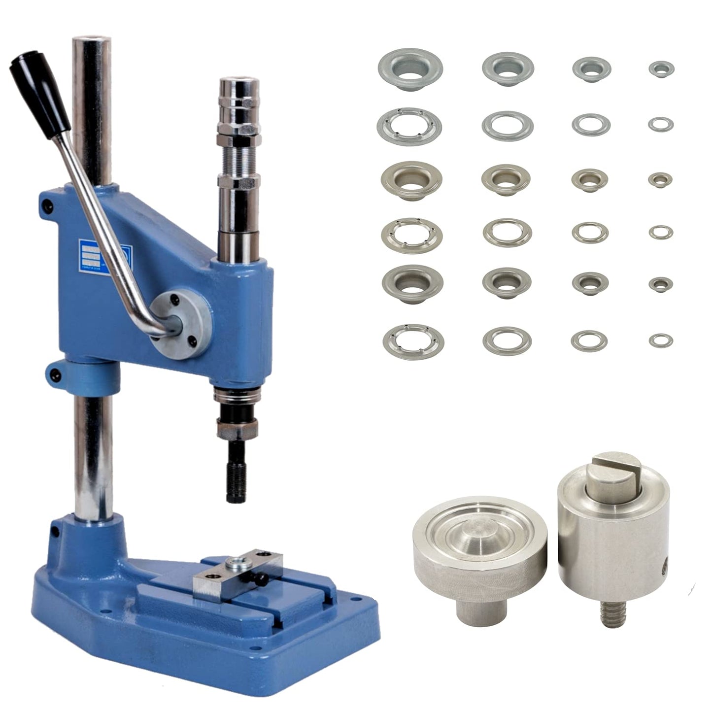 GETMORE Parts eyelet press set consisting of spring punch press + eyelet tool + 500 pieces of eyelets according to DIN 7332, brass, silver nickel-plated, 12 mm