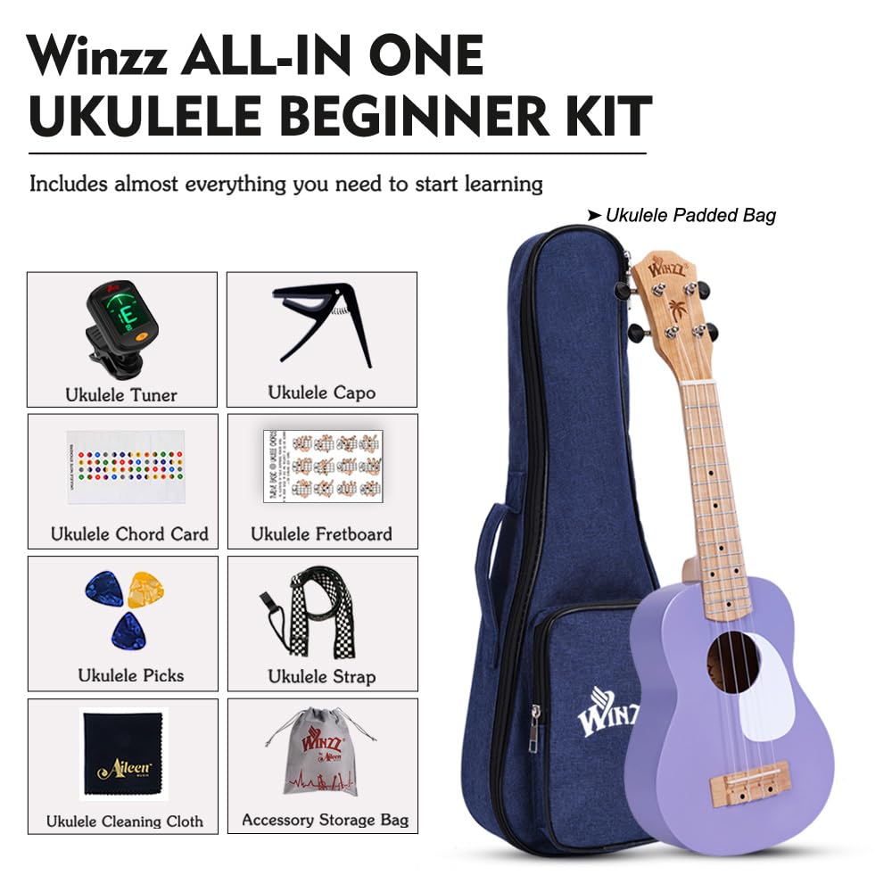 Winzz Soprano Ukulele for Kids, Ukulele Set for Adult Beginners, 21 Inches, with 9 Accessories, Small Beginner Children's Guitar 4 Strings (Color: Purple, Wood)
