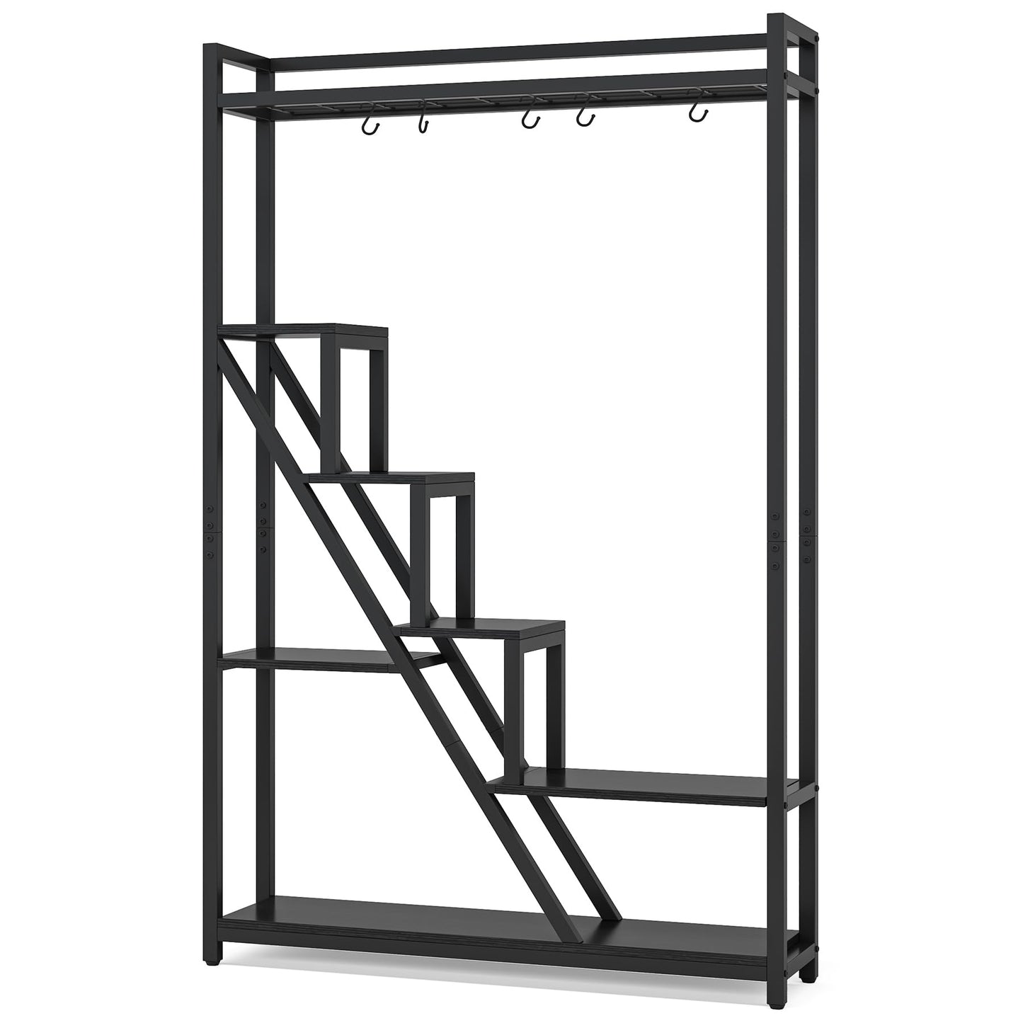 Tribesigns Flower Stand, 7-tier large plant shelf with 5 S-hooks, 180cm tall industrial wooden flower stand for indoor balcony floor plant stand living room (Black)
