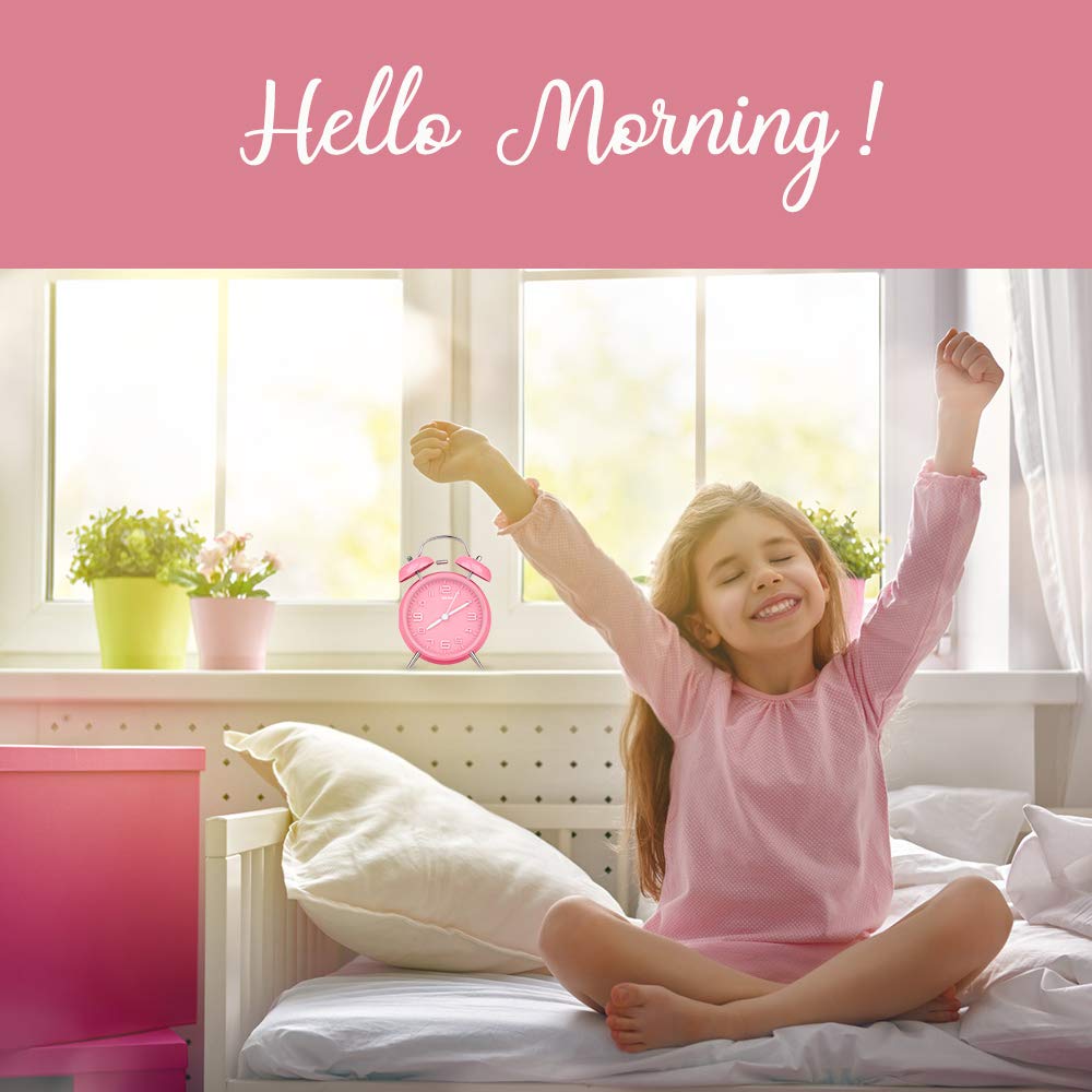 Eachui double bell alarm clock with night light, large 4-inch dial, analog quartz alarm with loud sound, no ticking, silent, battery operated kids alarm clock (pink)