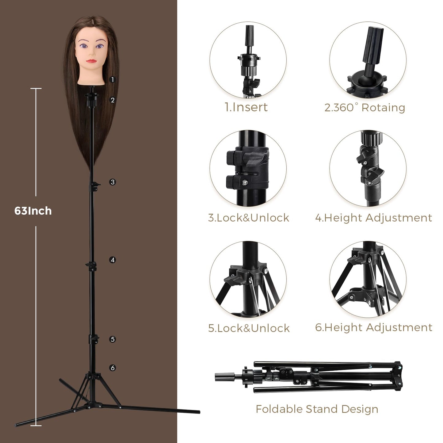 Neverland Beauty Styling Head with Practice Head Stand - 71cm 60% Real Hair, Doll Head for Styling, Training Heads for Hairdressers Training Head With Holder + DIY Hair Set (Brown)