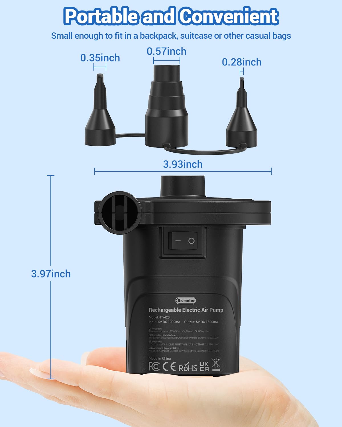Electric air pump, Dr.meter 4000mAh rechargeable battery air pump 2 in 1 portability air pump air mattress with 3 nozzles for outdoor camping, air mattress, inflatable boat, and kiddie pool.