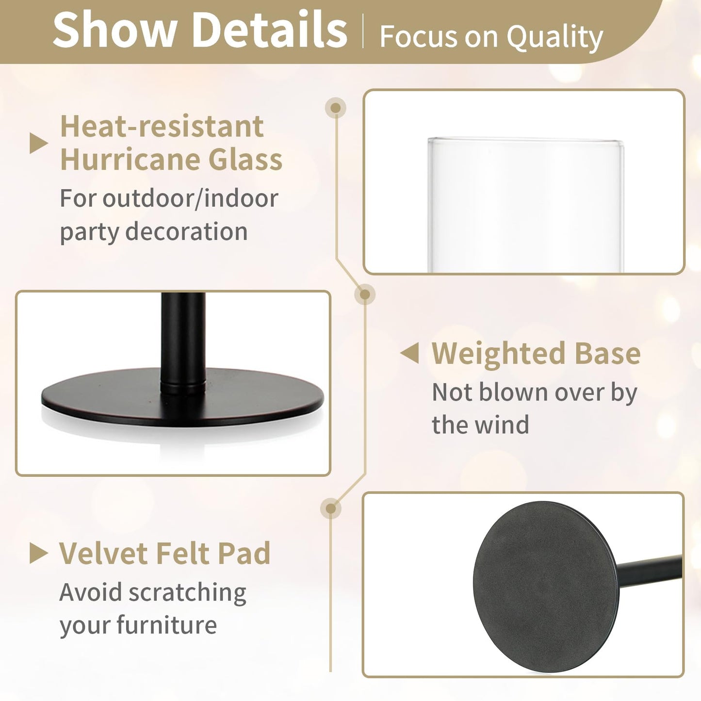 Nuptio Glass Cylinder Candle Holder Metal Black - 18 pieces Cone Candle Stand Taper Candle Pack for Candles, Clear Glass Hurricane Shade Top Candle Modern Wedding Christmas Table Dinner