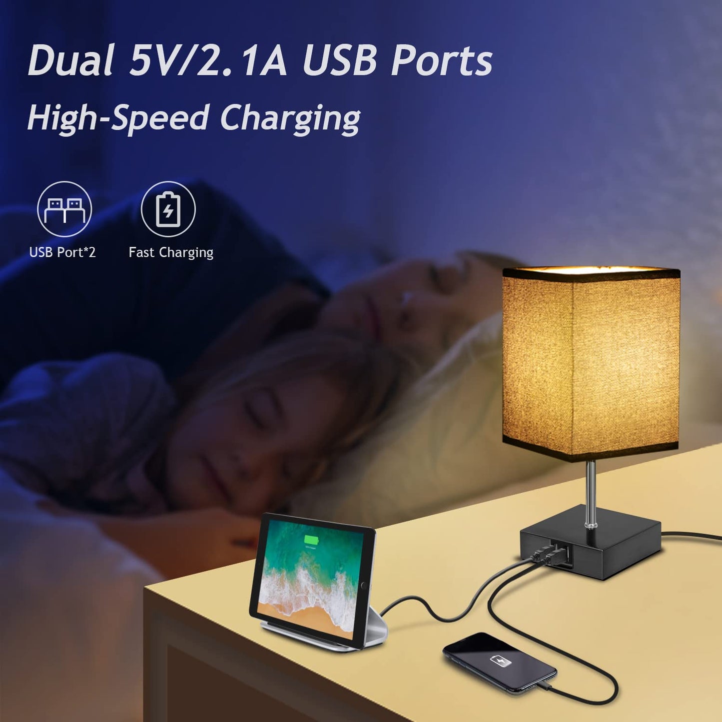 kioooki nightstand lamp Touch Dimmable with 2 USB ports, 2 pack bedside lamps with warm white 3 adjustable brightness levels, modern table lamp for living room bedroom, 4 E14 light bulbs