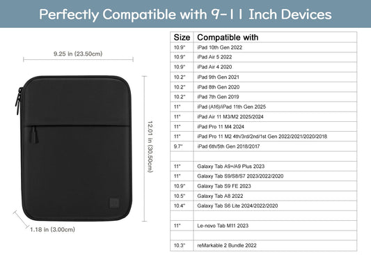 Dadanism 9-11 Inch Tablet Sleeve Case with Padding for iPad Pro 11", iPad Air 11", iPad (A16) 11", iPad 10th Gen/Air 5/4 10.9", iPad 9/8/7th Gen 10.2", Galaxy Tab A9+ 11"/S9 FE, Tab M11 11", Black
