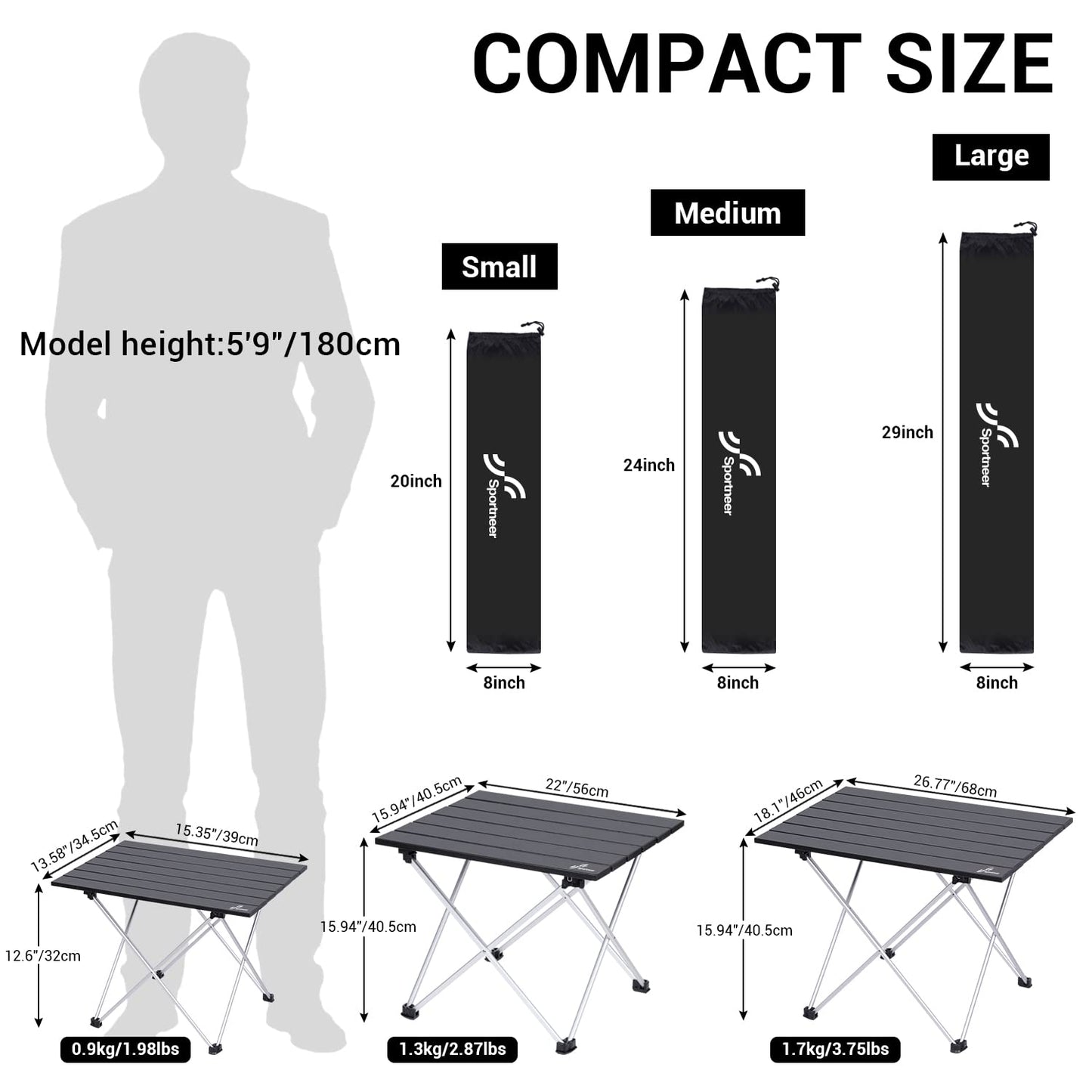 Sportneer Camping Table, Folding Camping Table, Aluminium Camping Table Lightweight with Bag, Easy to Carry, Foldable Table Perfect for Picnic Cooking Garden Hiking Travel, Black, M