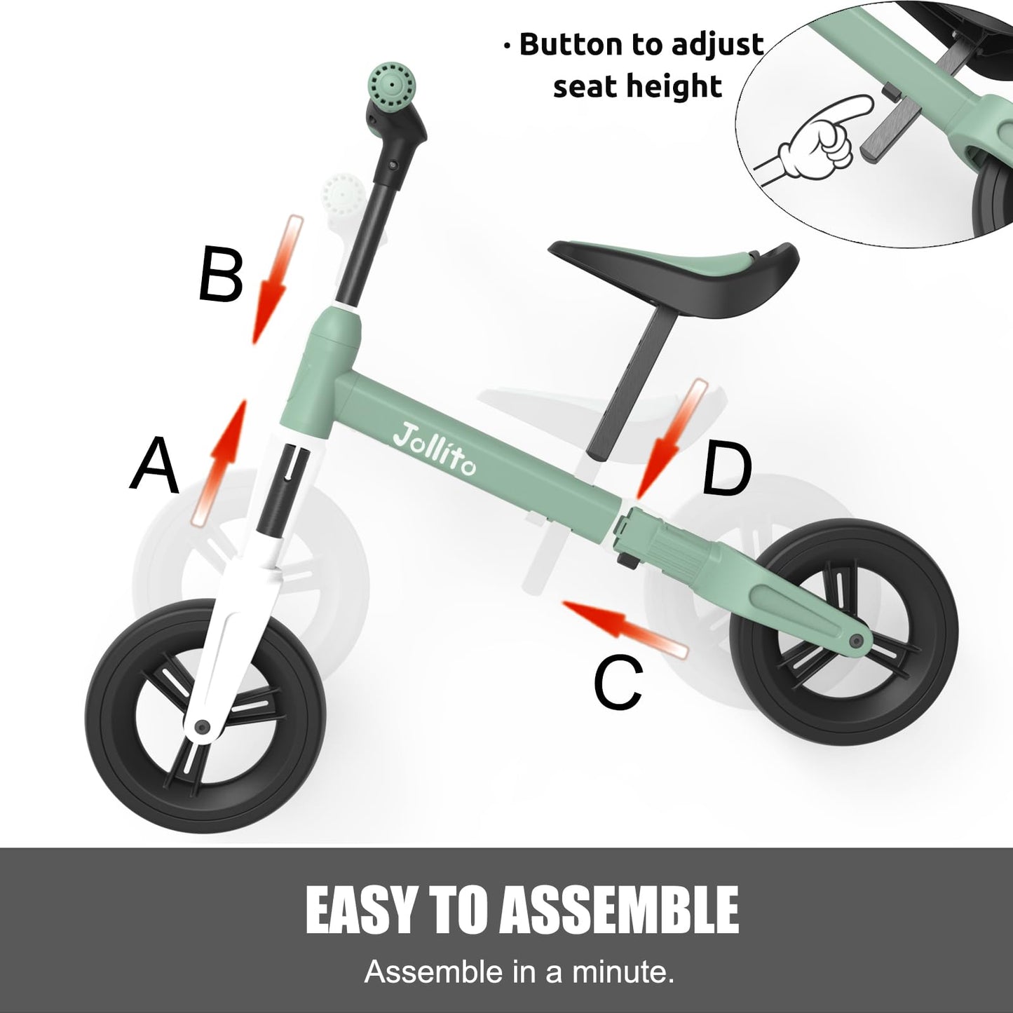 JOLLITO Baby Balance Bike, Kids Bicycle Toy for 18-48 months old girls and boys gifts, pedal-free training bike, 9 inch wheel and aluminum frame.