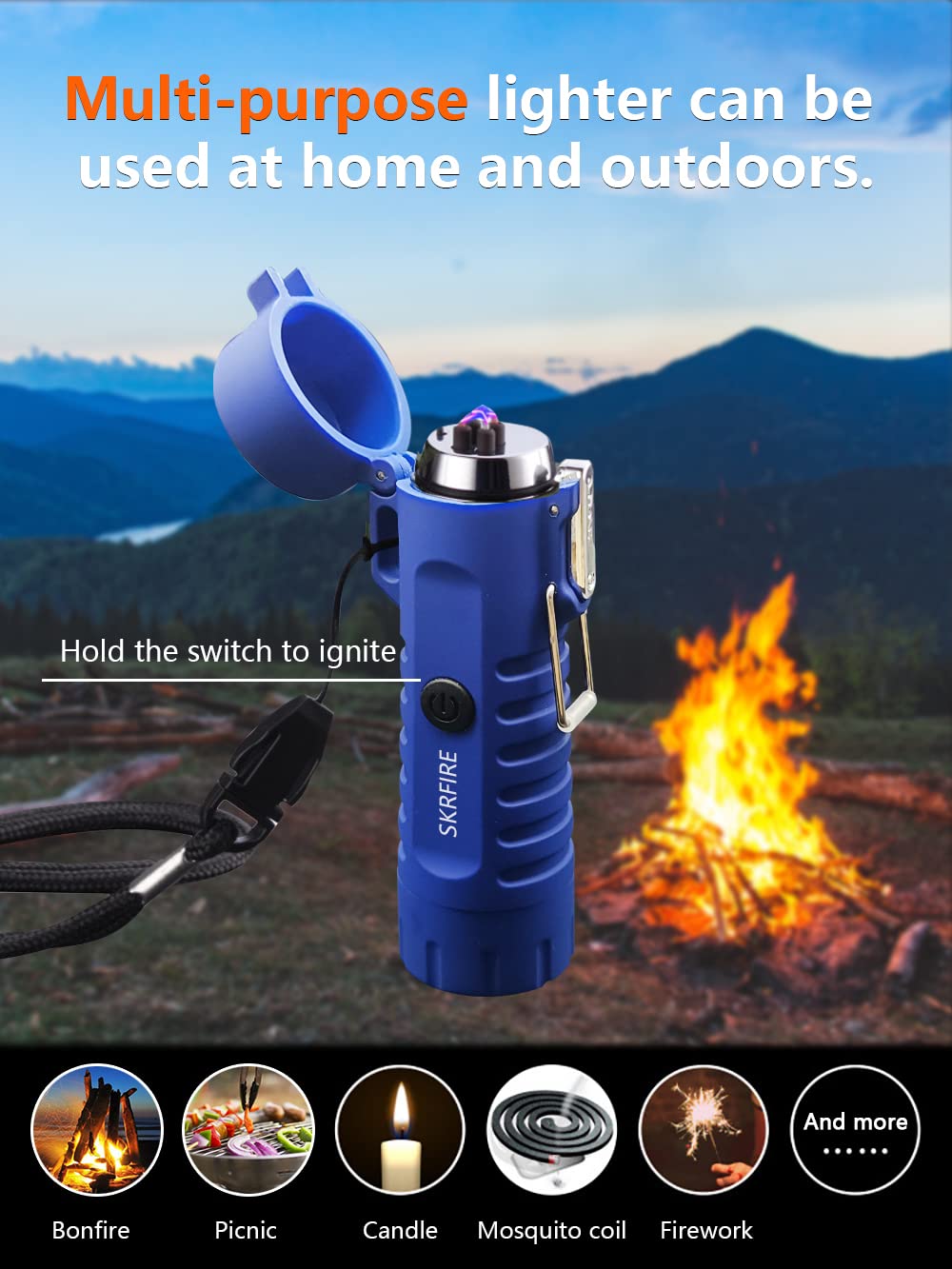 SKRFIRE windproof lighter, double arc lighter, plasma lighter with LED flashlight, rechargeable USB lighter, flameless electric lighter suitable for camping, hiking (Blue)