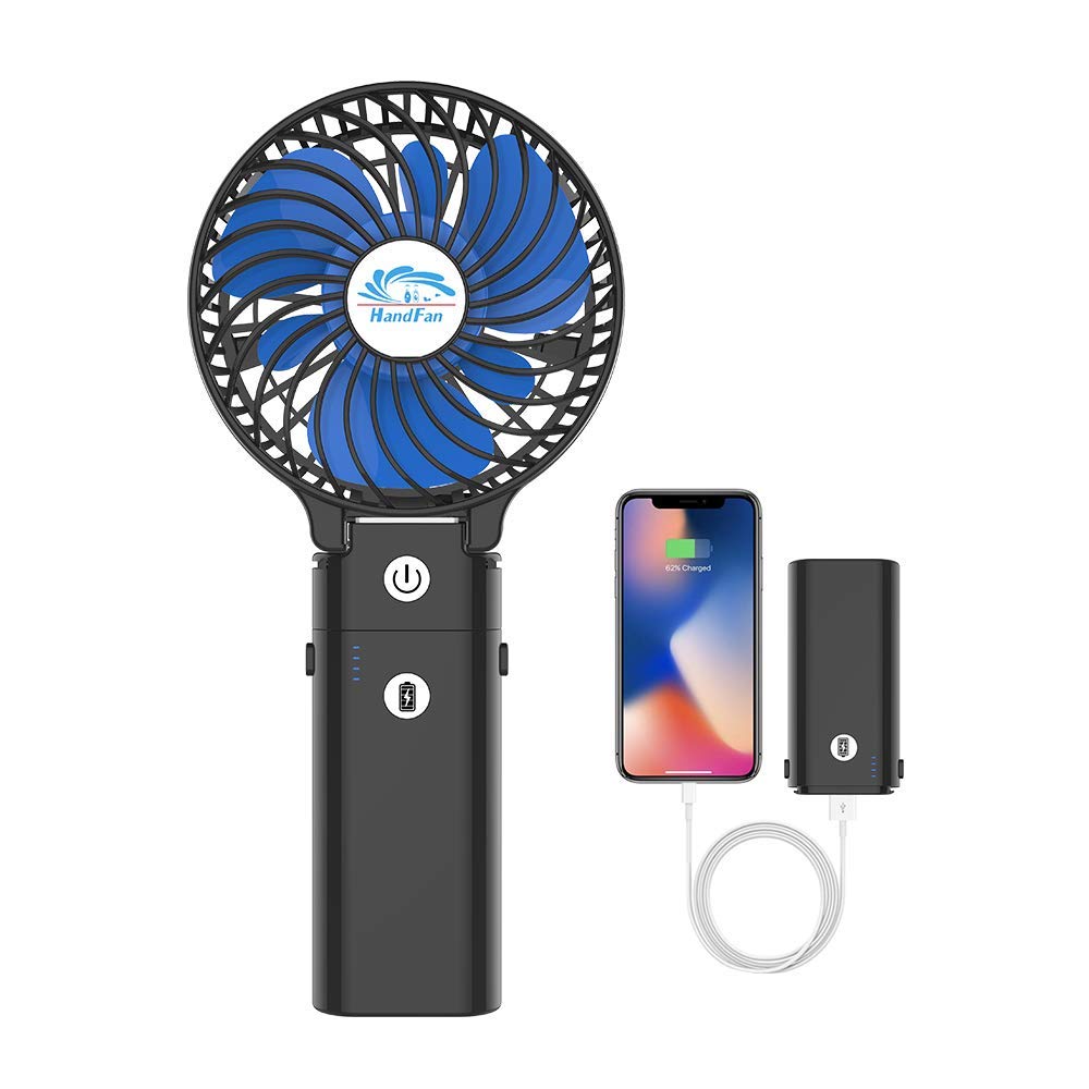 HandFan 5200mAh Battery Operated Handheld Fan Portable Hand Fan with Powerbank USB 180° Foldable Desktop Fan Personal 3 Speed Fan for Office Home Outdoor Camping Stroller