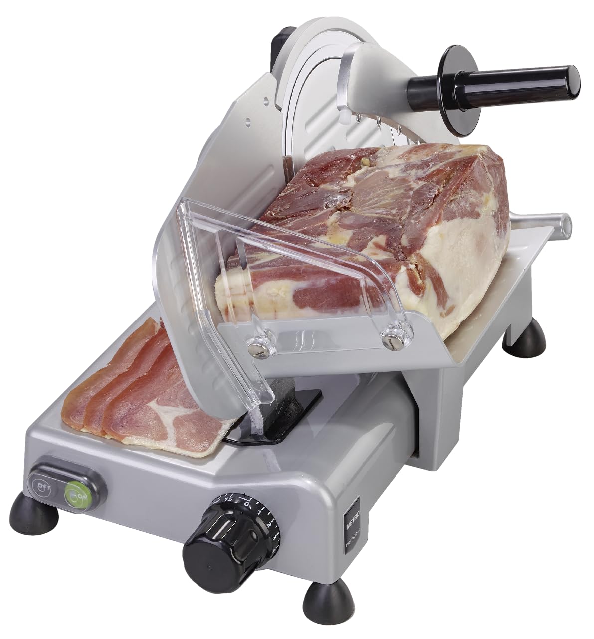 METRO Professional Gastro Slicer, stainless steel, cutting thickness 1-15 mm, with safety shutdown and continuous mode, 230V, silver (19.5 cm)
