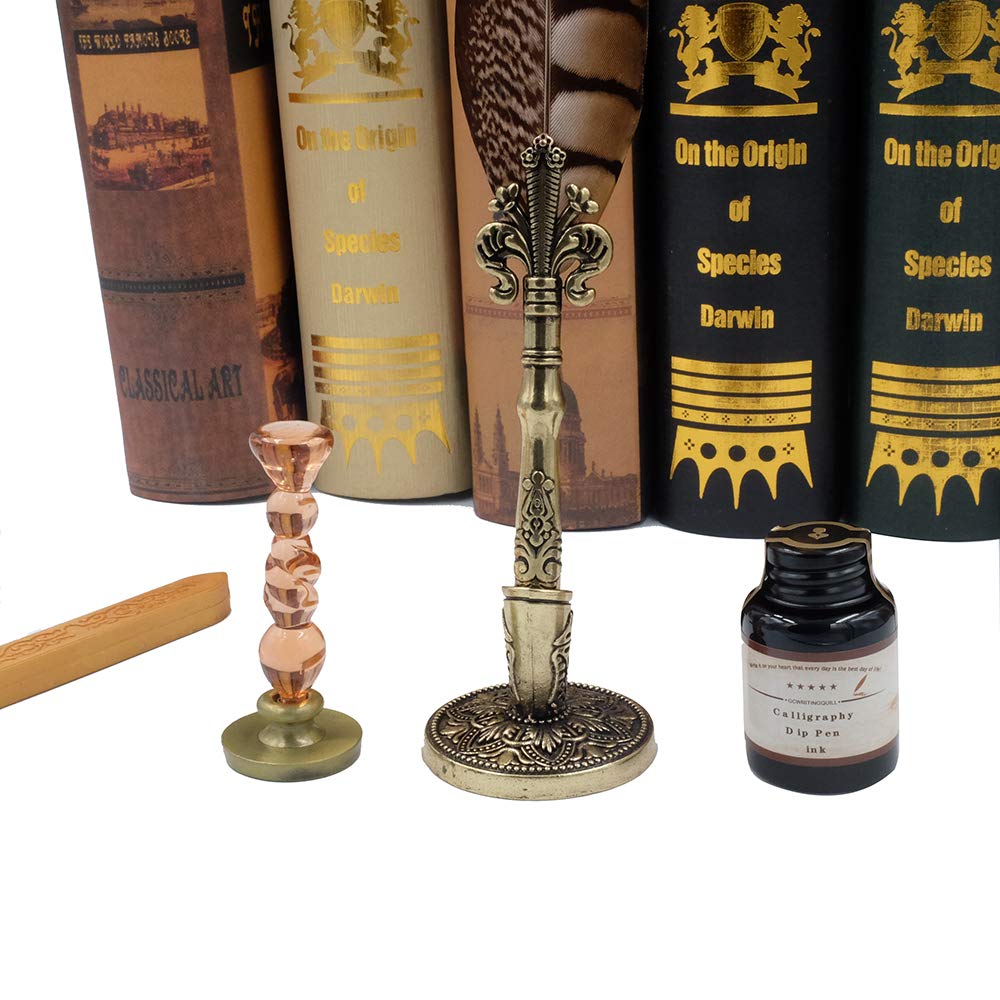 GC Quill Calligraphy Pens Set, Writing Ink Set with 5 replacement tips, stamp, wax, and pen holder for art, signatures, hand lettering, decoration, gift LL-66