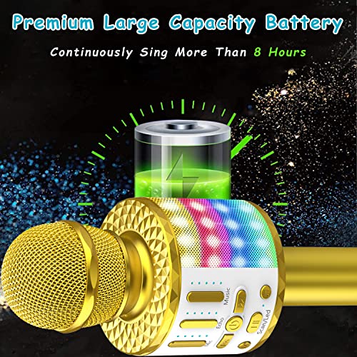 Microphone Karaoke for 3-15 years old, Portable Bluetooth handheld microphone with LED light, Bluetooth Karaoke for kids and adults, girls boys gifts, Home KTV Compatible Android IOS PC -Gold