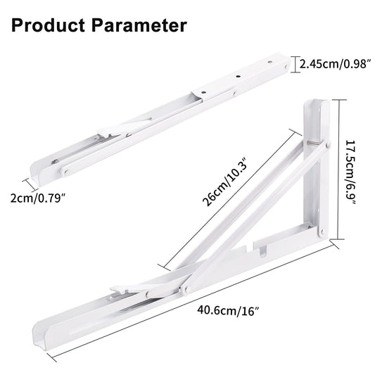 YUMORE Folding Shelf Brackets Heavy Duty 400mm White - 2 Pcs Metal Folding Brackets Wall Table Supports Folding Shelf Brackets for DIY Folding tables Benches Shelves Space-saving, Max Load 330lbs