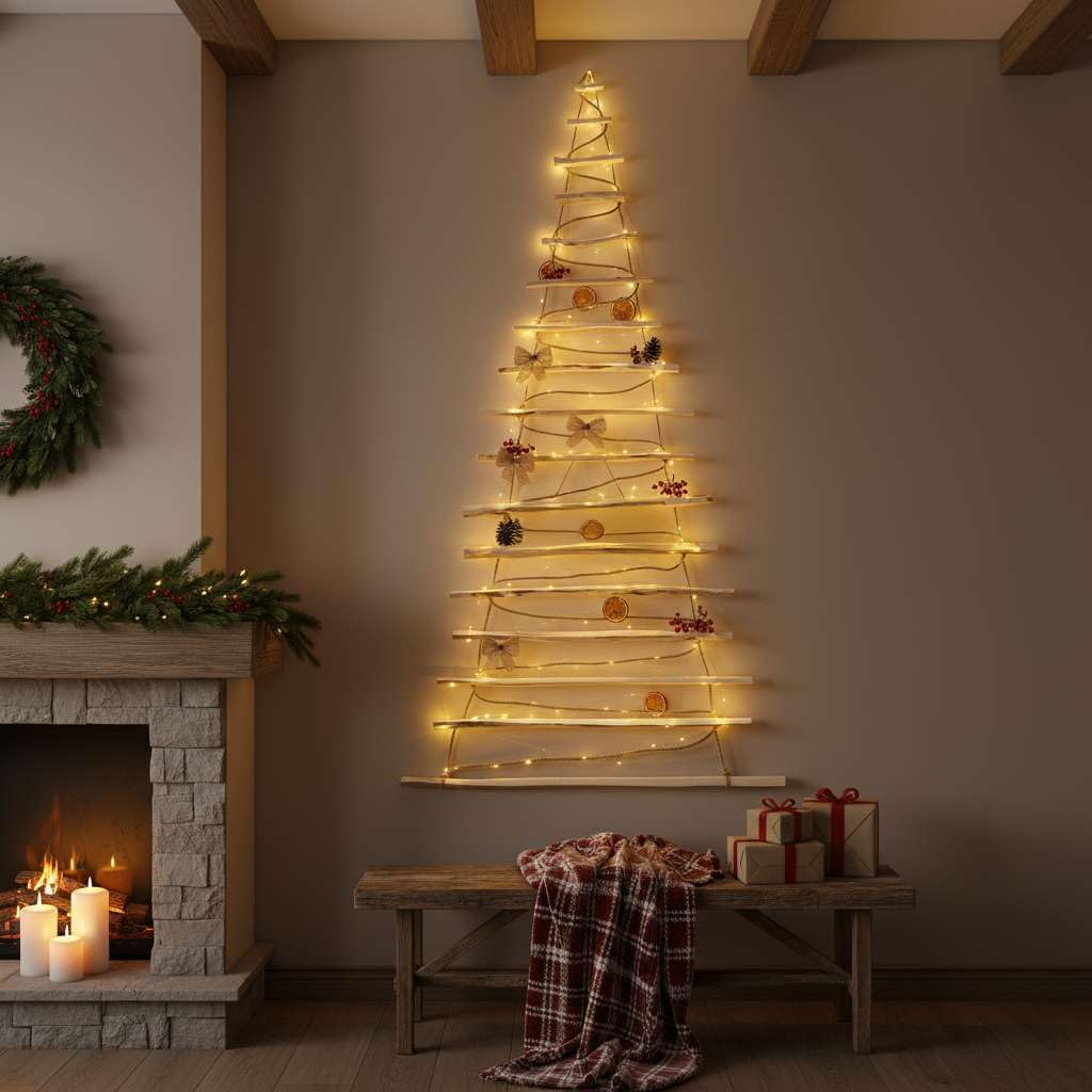 Handmade Christmas tree 205 cm high, made of hazelnut wood | Decorative ornaments | with 10m LED lights | Wooden plates connected by a 6mm thick jute rope.