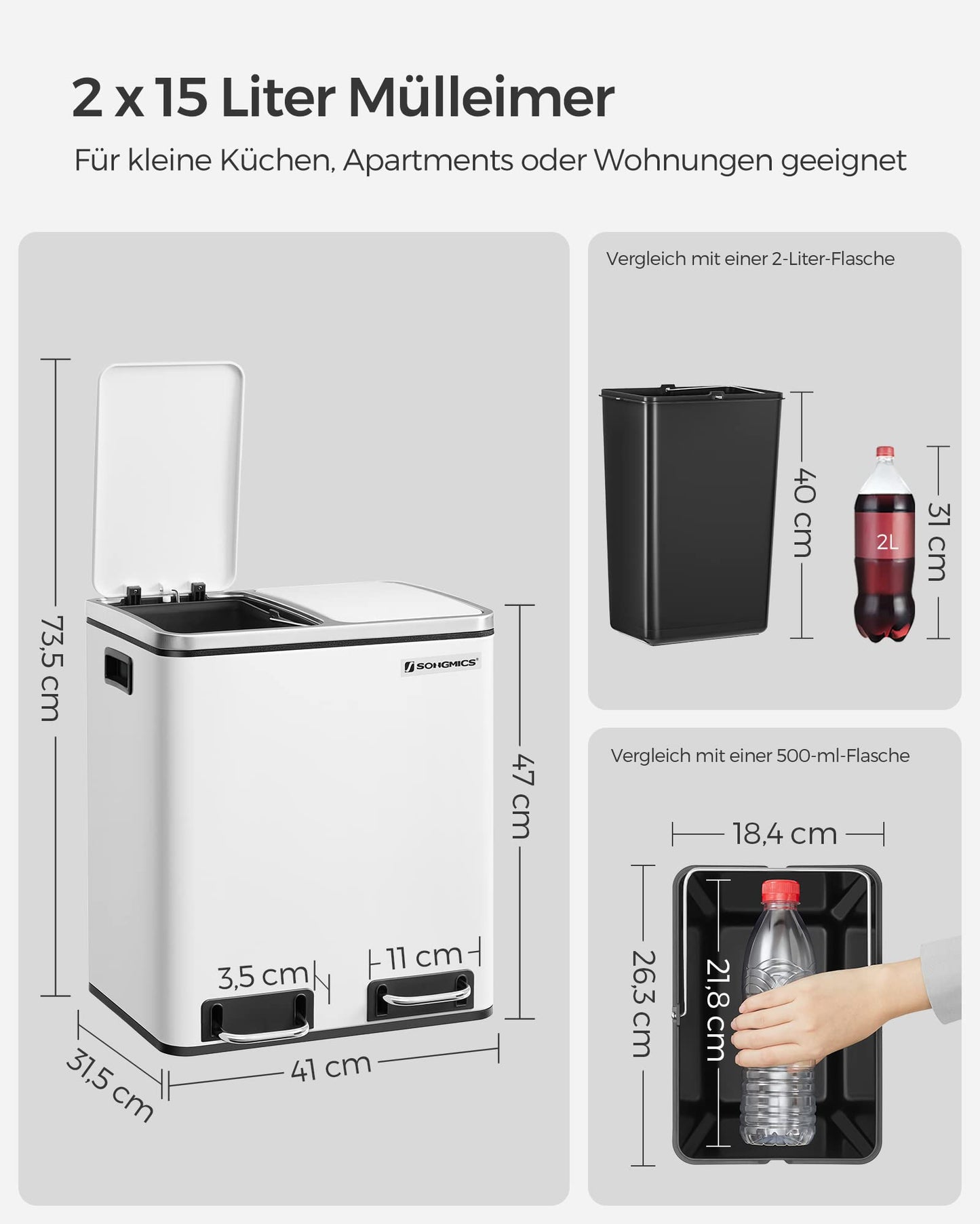 SONGMICS Kitchen Trash Cans, 2 x 15 liters, Waste Separation System 2 compartments, including 15 garbage bags, Trash can, Pedal bin, recyclable waste, organic waste, Soft-close lid, cloud white LTB30WT