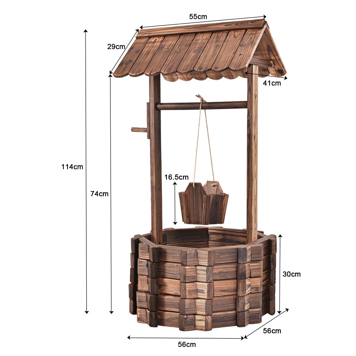 DREAMADE wooden fountain with roof, decorative fountain made of spruce wood, 115 x 60 x 76 cm, wishing well, garden fountain with adjustable bucket, garden decoration.