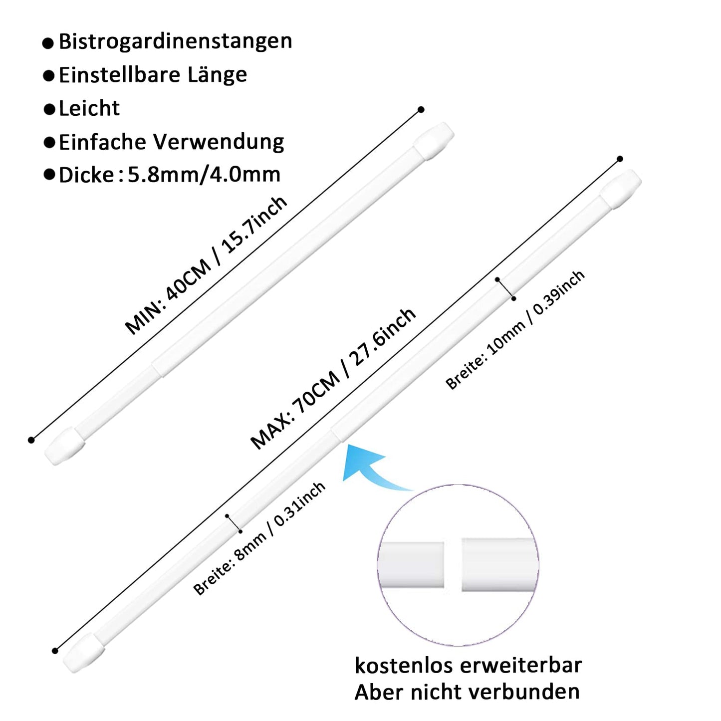 4 pieces of extendible curtain rods for curtains, windows, kitchen, DIY projects. Adjustable length from 40-70cm in white color.