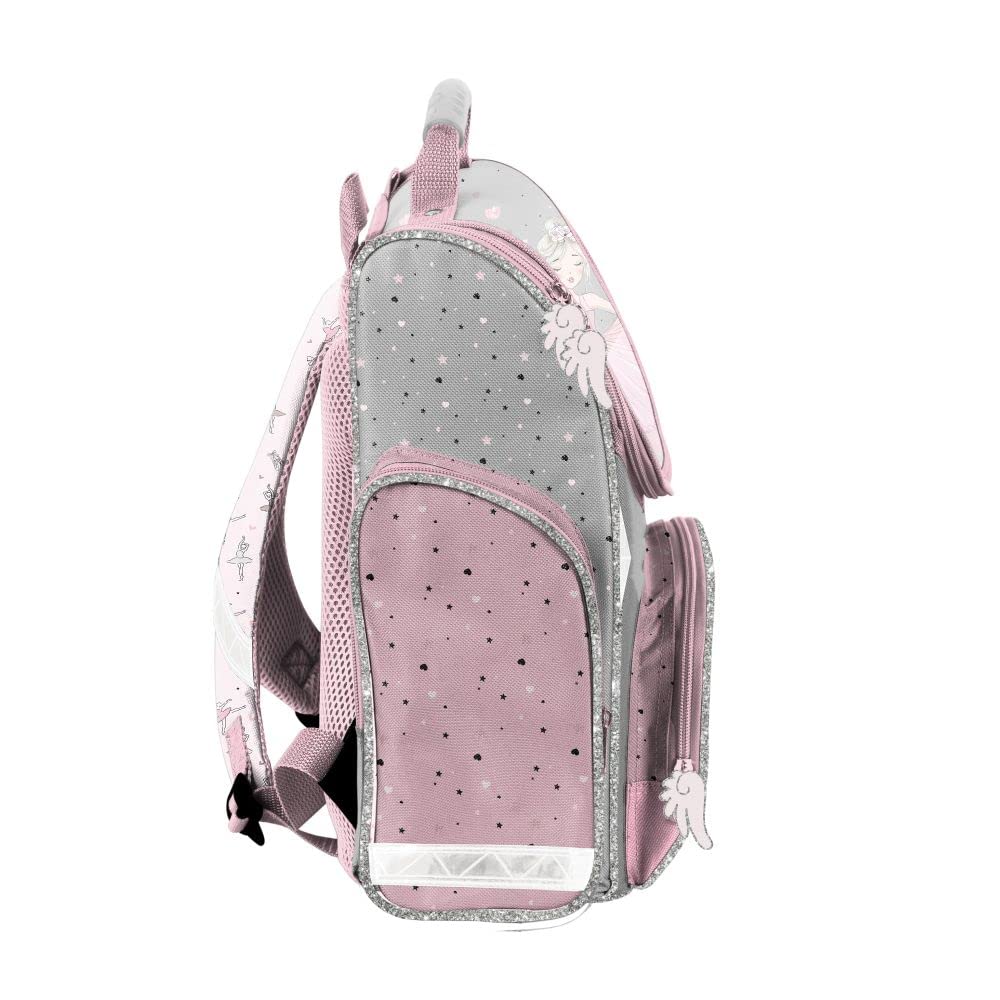 Familando girl's school backpack set Ballerina, 8-piece, ergonomic satchel with reflectors, from 1st grade with pencil case and sports bag (Ballerina)