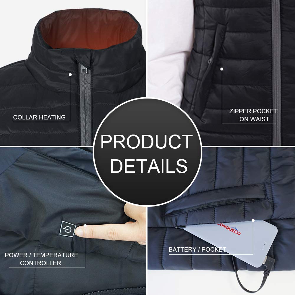 CONQUECO Women's Heated Vest Battery: Heated Jacket with 10000mAh Battery - USB Charging Heated Down Vest Clothing for Outdoor Travel Motorsport, S