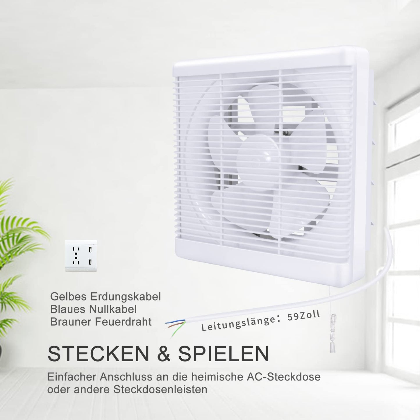 HUGOOME Exhaust Fan 800m³/h Open Size 300*300mm, 2-way reversible Strong airflow Wall-mounted fans used for ventilation in kitchen, bathroom, attic windows, and basement.