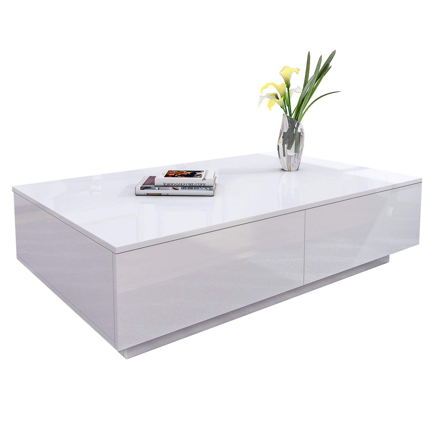 White high gloss coffee table with storage - Modern rectangular table with 4 drawers for living room & home office, high gloss finish & storage organizer 95x60x31 cm