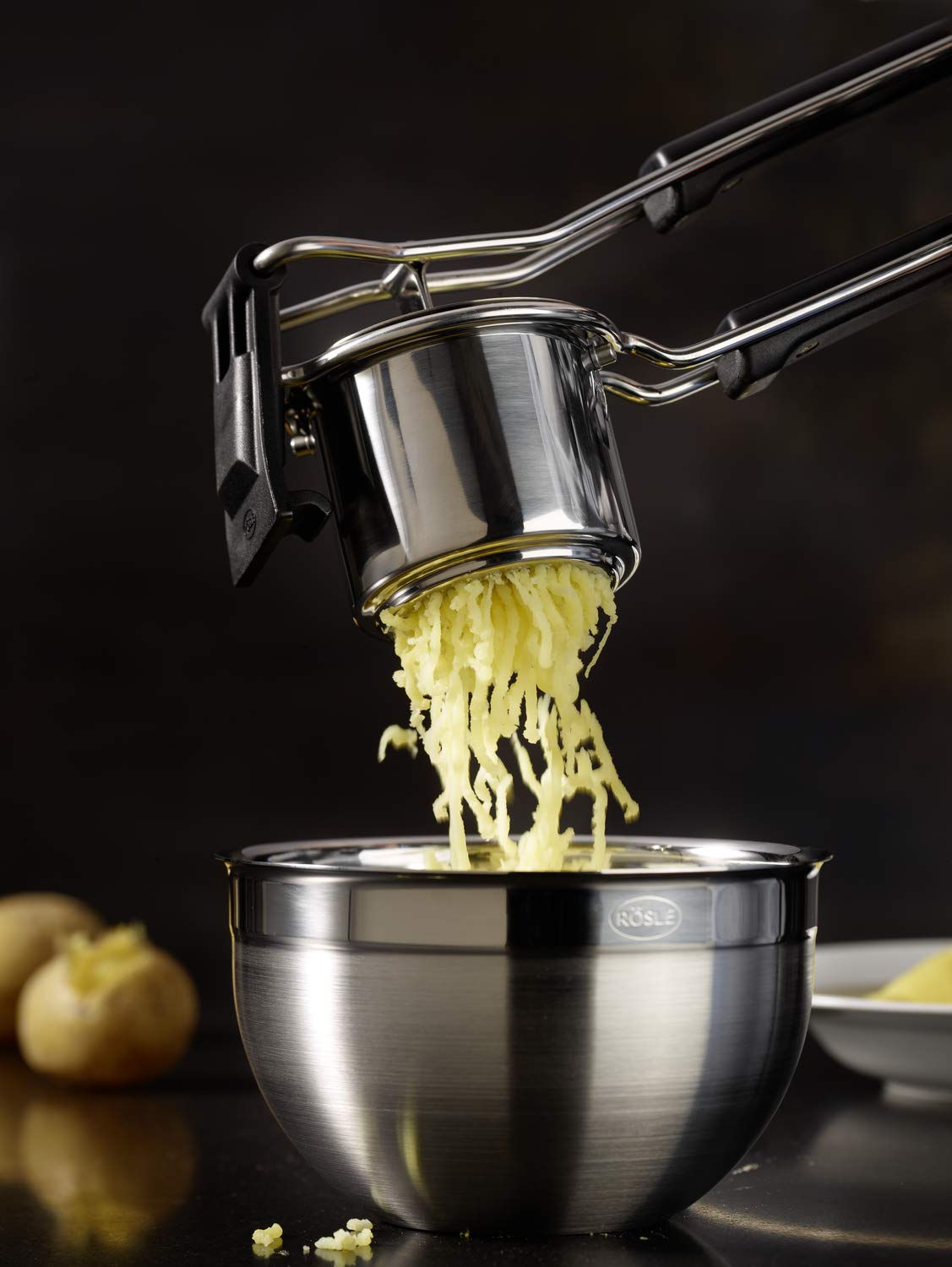 RÖSLE Potato Masher, Silver/Black & Dough Scraper, High-quality dough spatula for baking and cooking, durable silicone, white, 26cm, Stainless Steel 18/10, -30°C to +200°C, Dishwasher safe